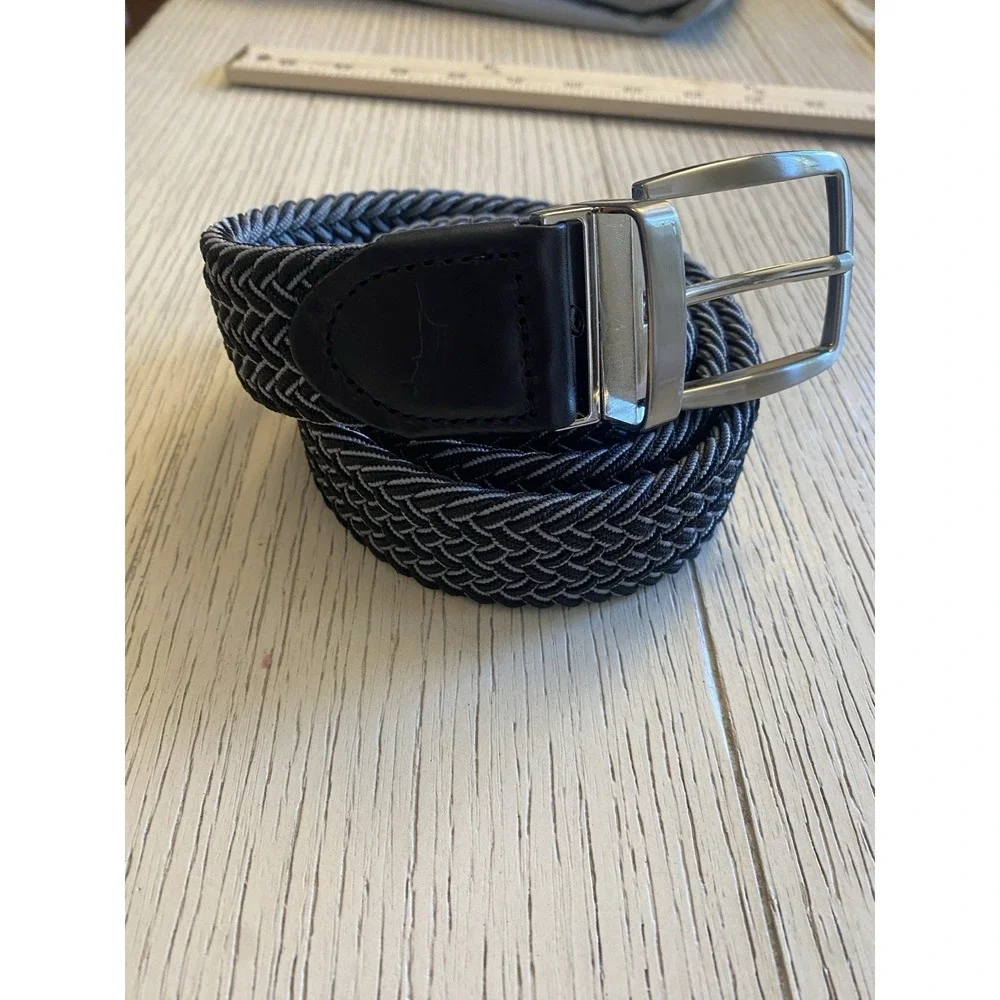 Tommy Bahama Men's  Leather Trim Woven Elastic  Belt Gray Black Size L XL